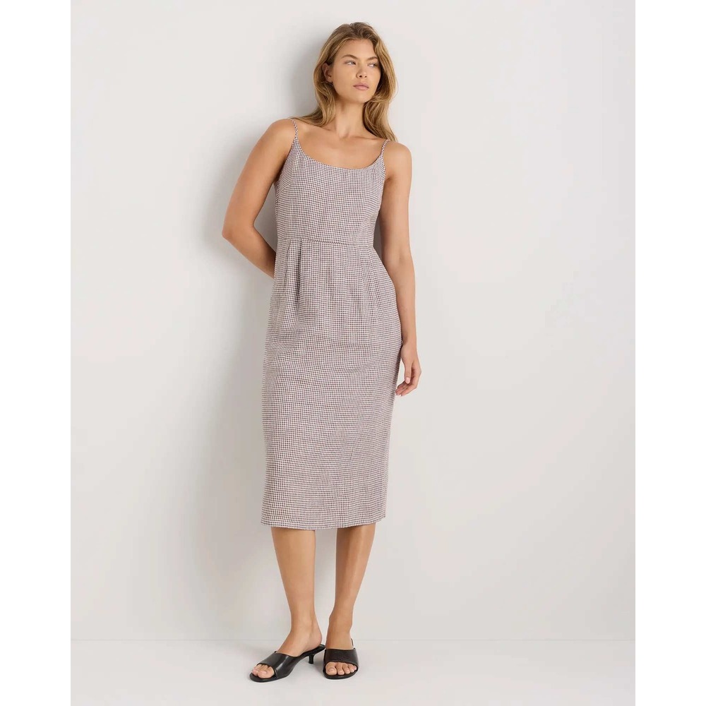 Quince European Linen Scoop Neck Midi Dress Taupe Gingham Medium NWT